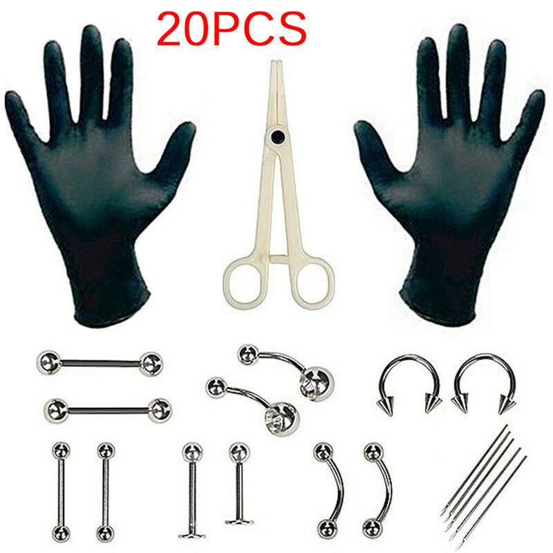 20 PCS/Set 14/16G Body Piercing Kit Needle Belly Eyebrow Nipple Nose Lip Rin Kt