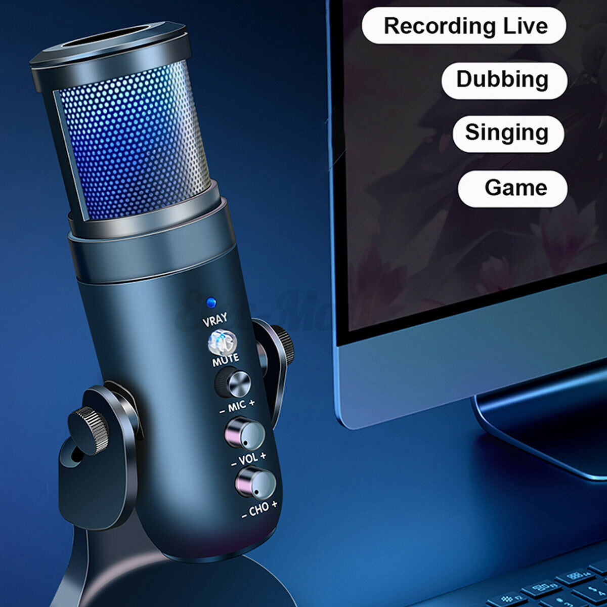 RGB USB Gaming Condenser Microphone Plug&Play For Game Chat Audio Recording