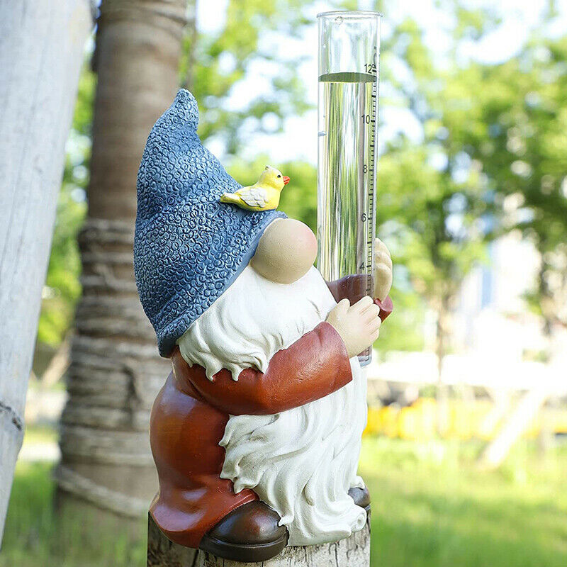 Gnome Rain Gauges Garden Statue with a Plastic Rain Gauge Hand Painted Sculpture