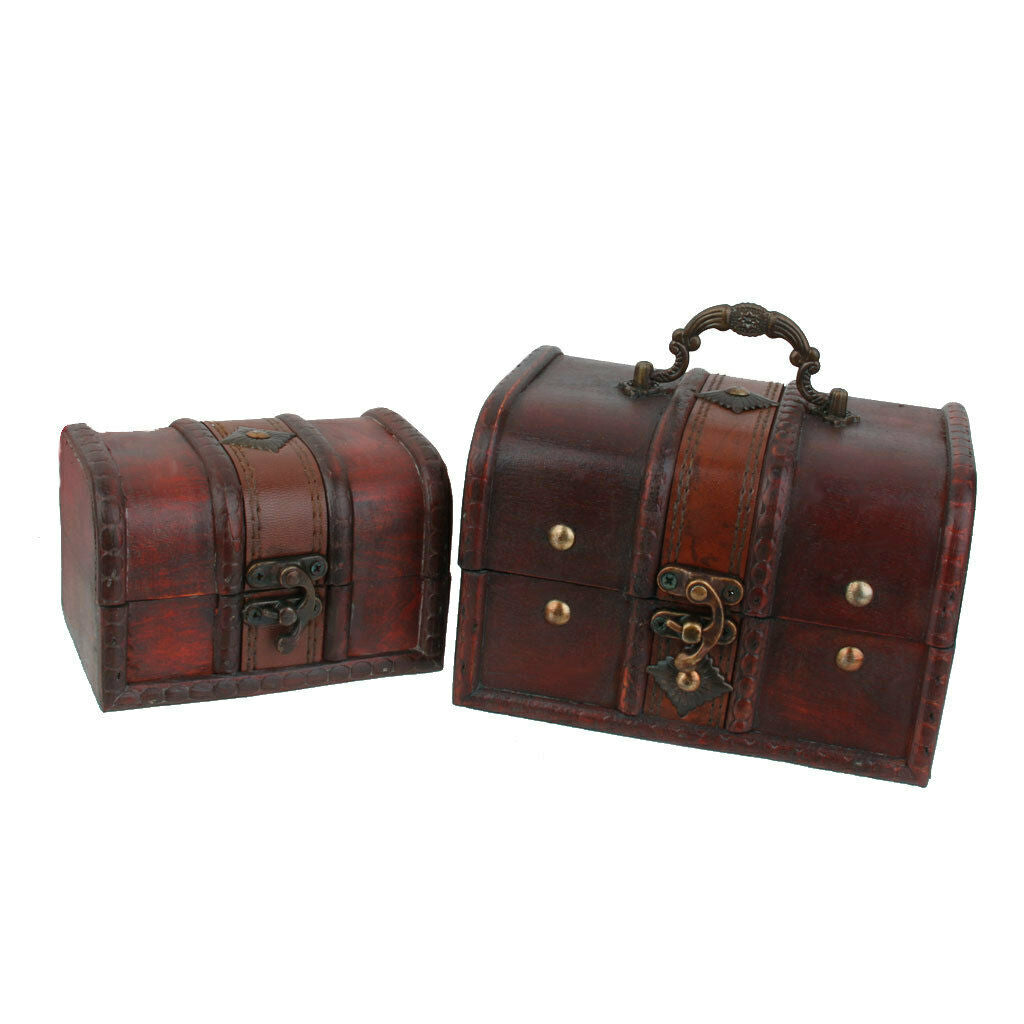 2pcs/Set Retro Wooden Lock Treasure Chests Jewelry Storage Box Showcase