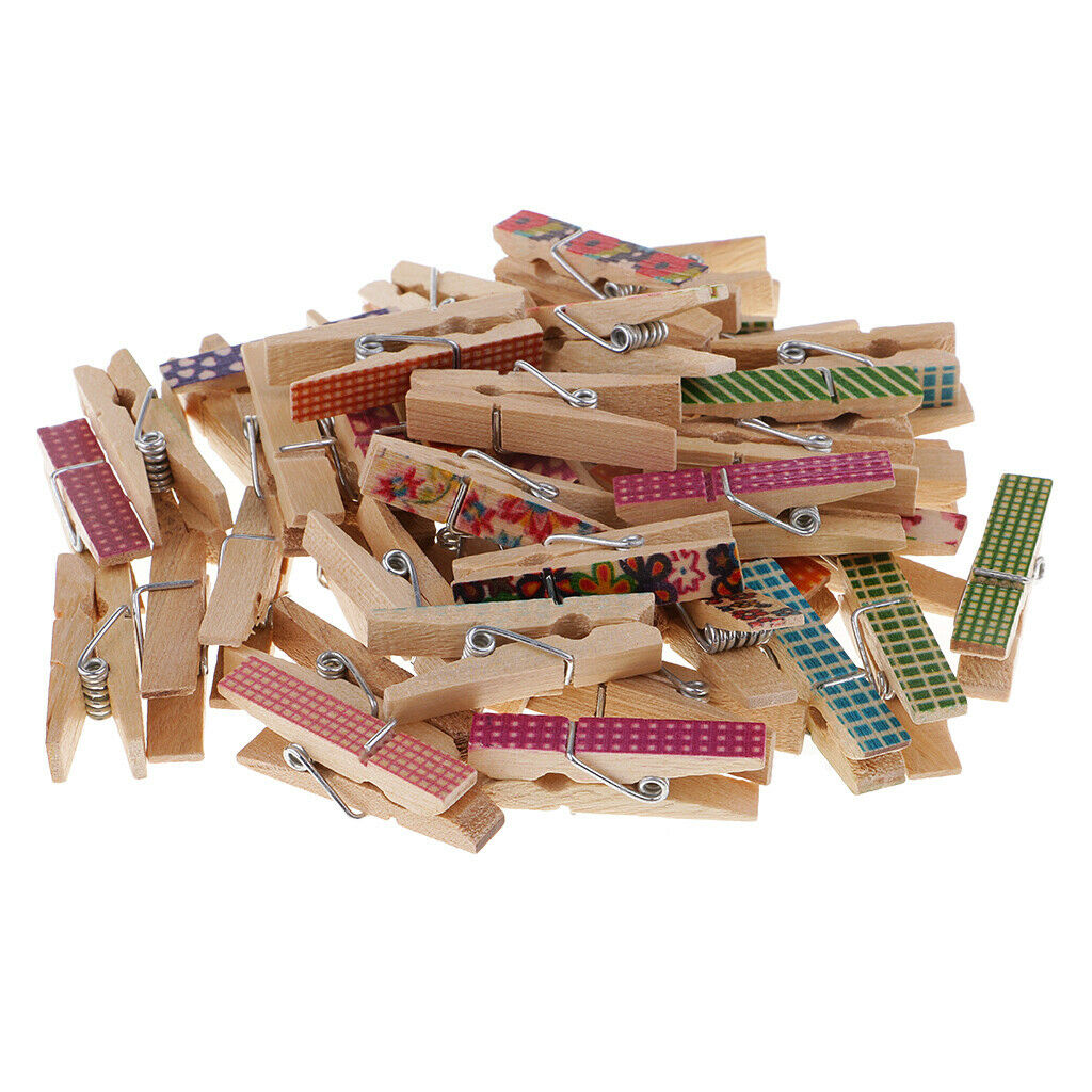 50X Home /Office Display Patterned Clothespins Wooden Photo Paper Peg DIY