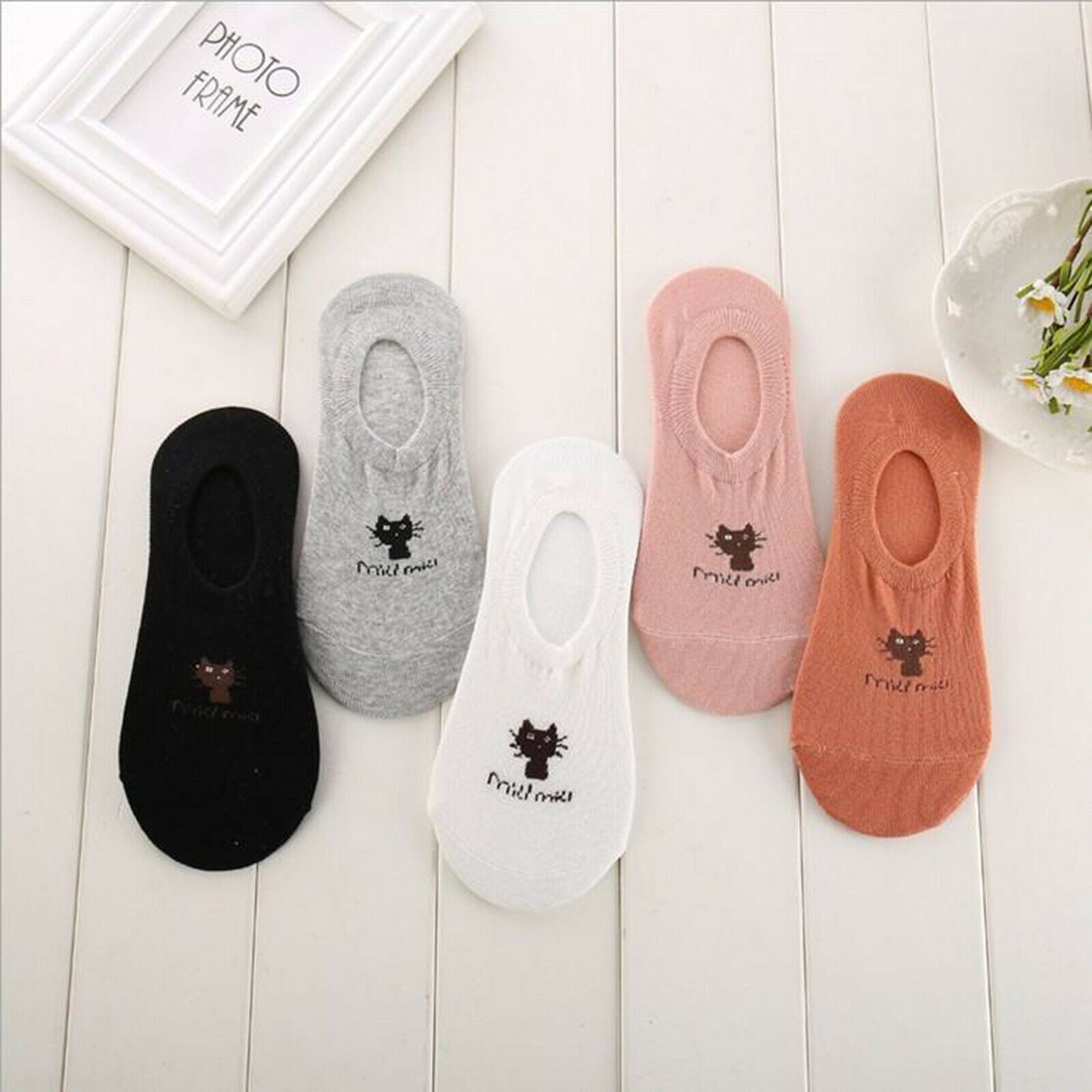 Women's 5 Pairs No Show Invisible Socks Non Slip Casual Socks Cat Pattern