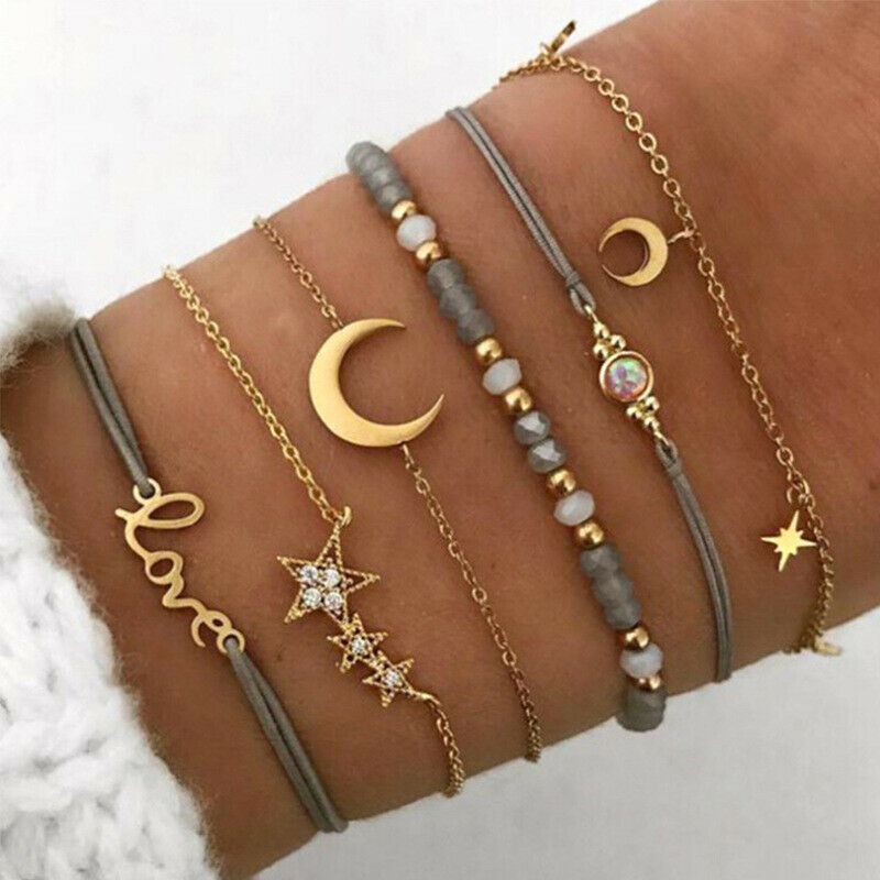 6pcs/set Bohemian Women Tassels Leaves Circular Chains Bangle Jewel.l8