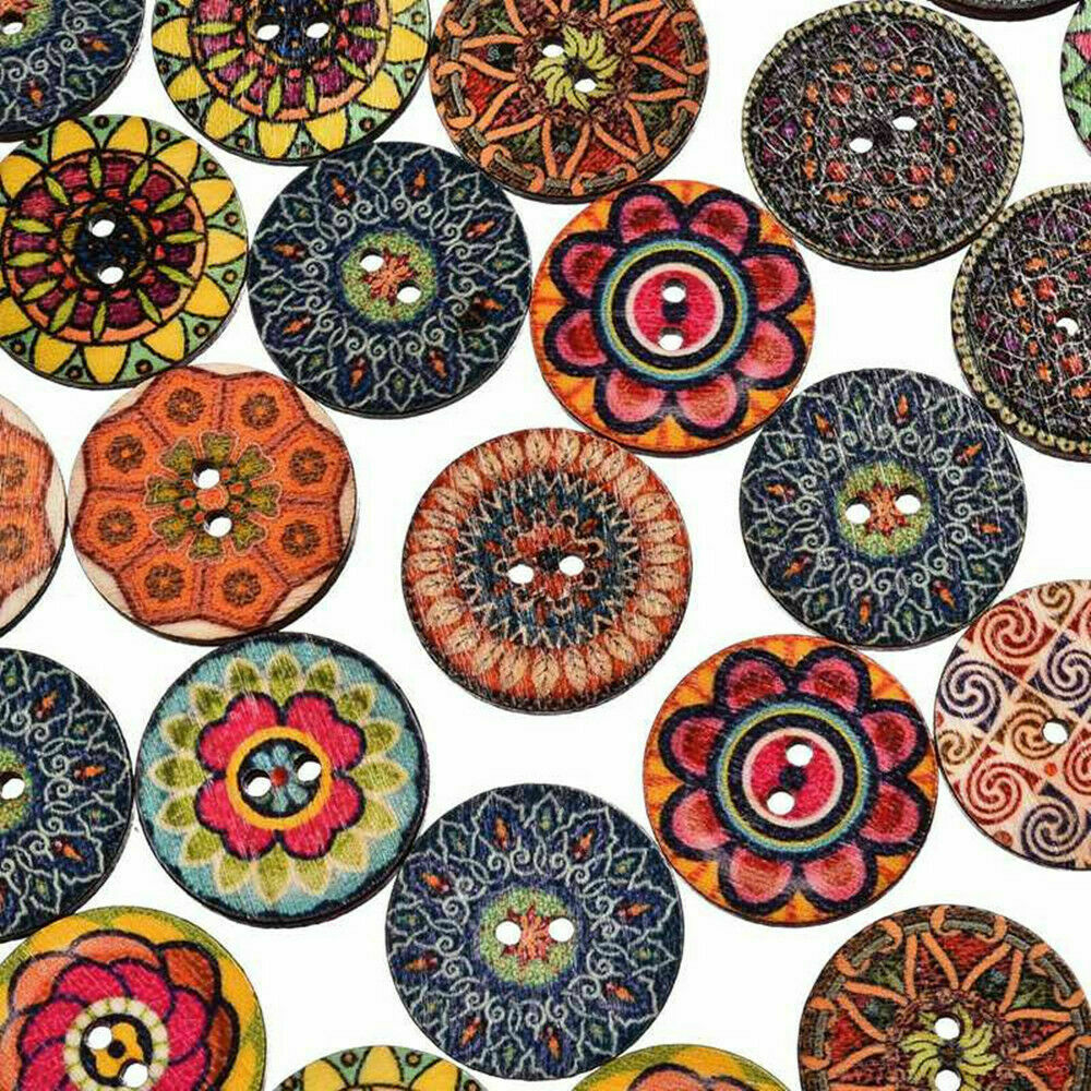 50X 2 Holes Mixed Boho Flower Wooden Button Sewing Scrapbooking DIY Craft 25MM