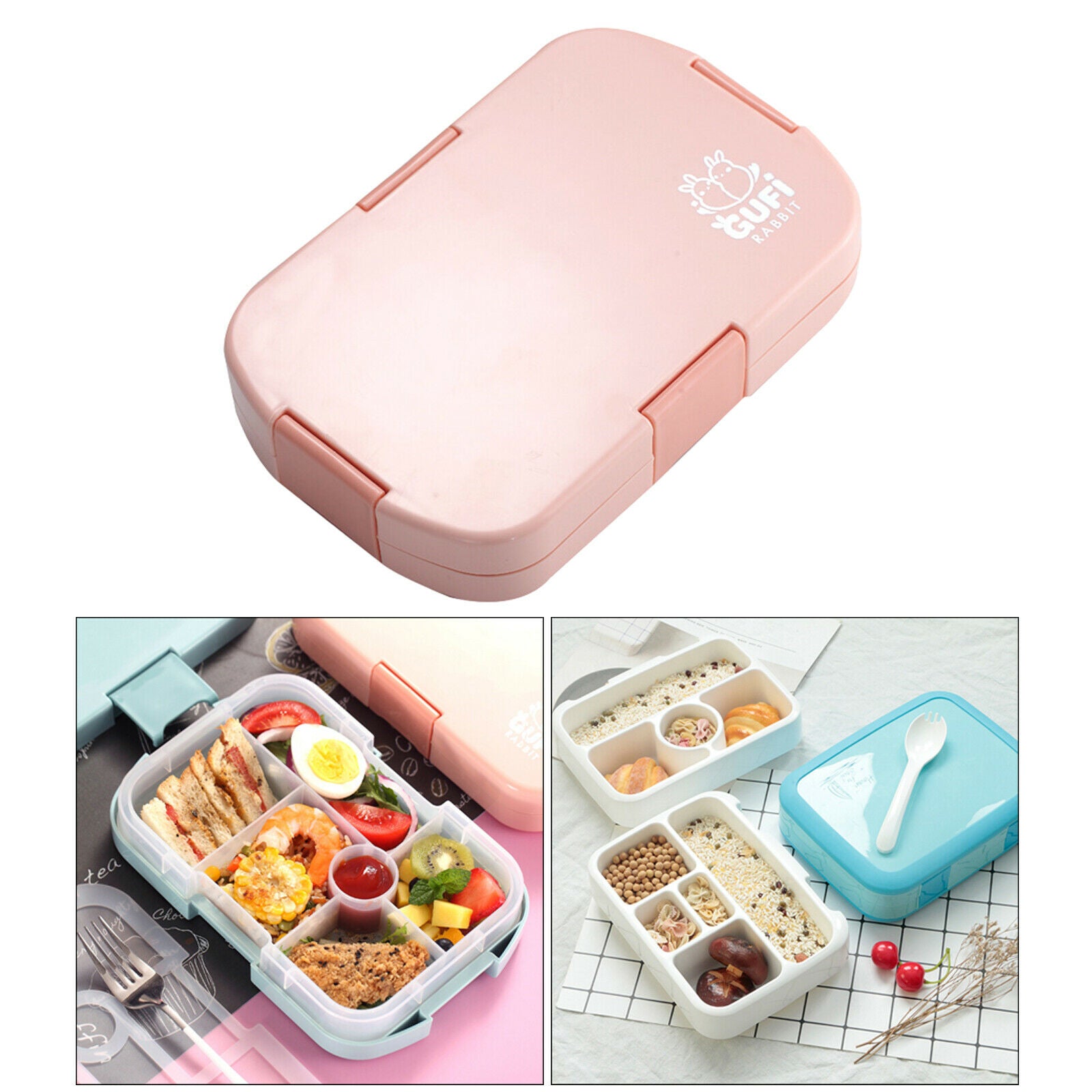 Portable ABS Kids Bento Box Outdoor Lunch Box 6 Grid Food Containers School Pink