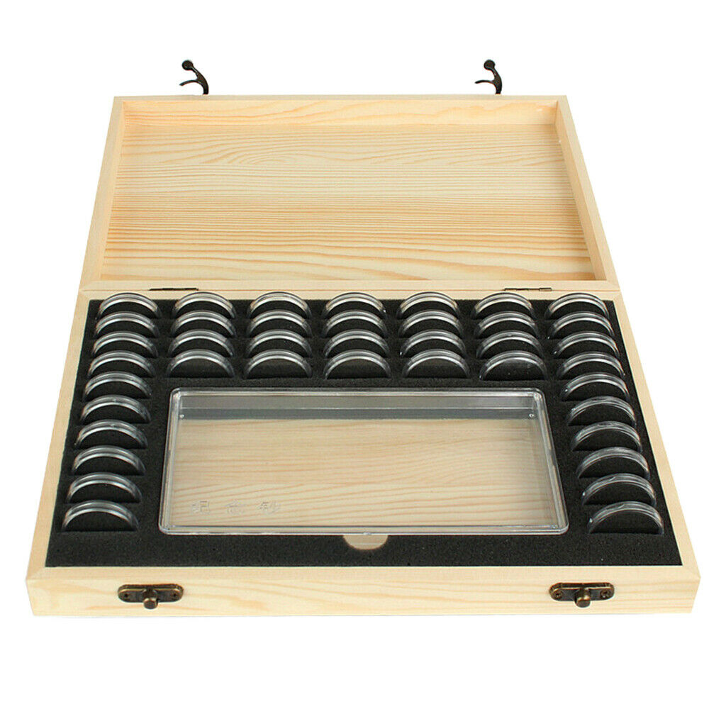 Wood Coins Storage Box Case Holder Set W/ 40pcs Transparent Round Capsules
