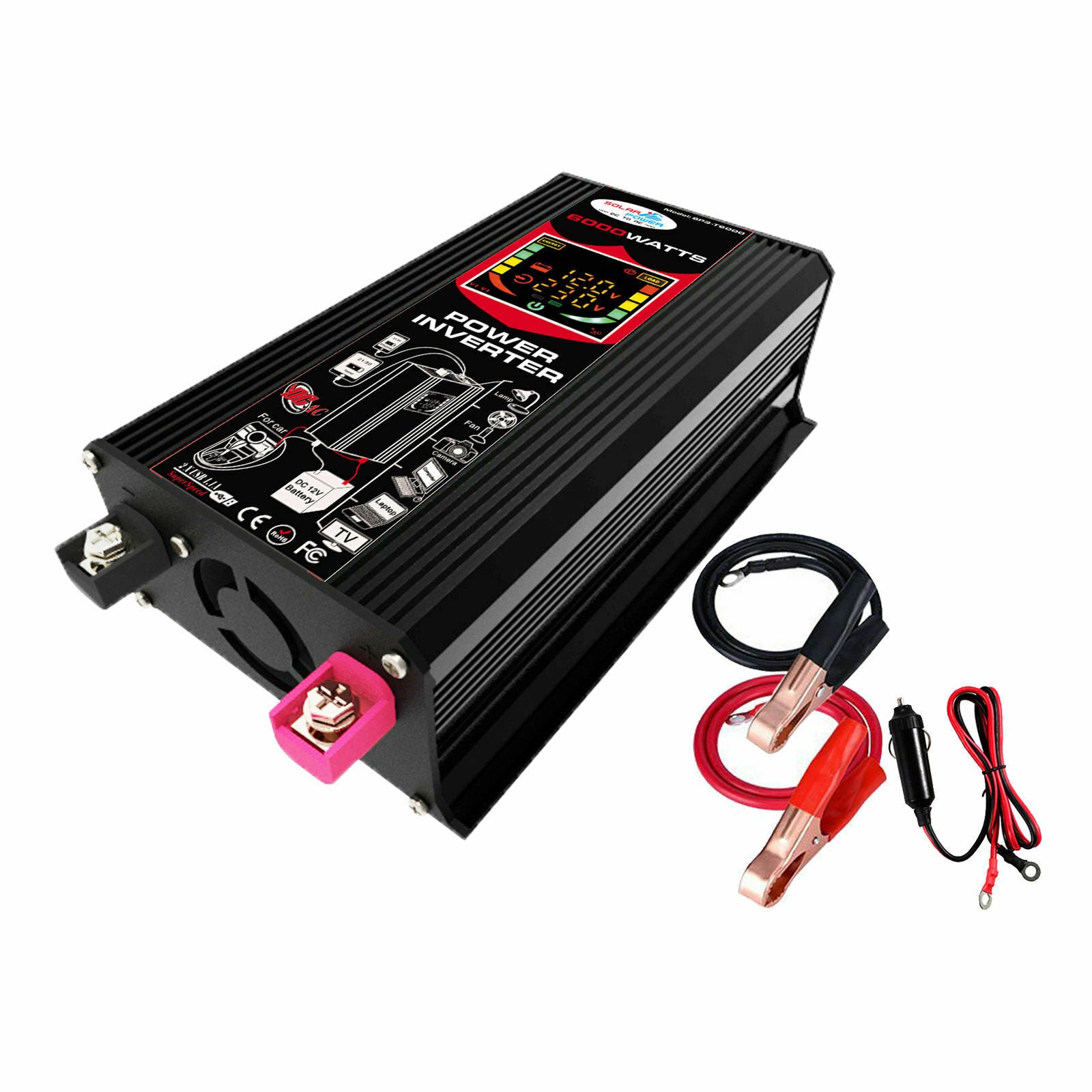 6000W Peak Car Power Inverter 12V to 110V DC to AC Dual USB Port Black