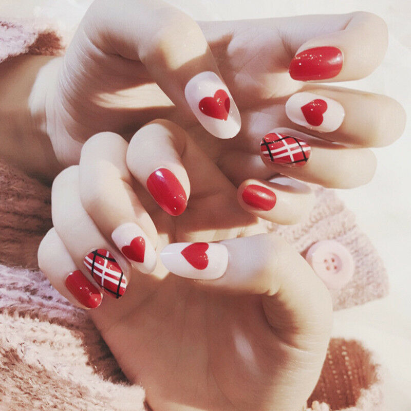 red heart acrylic nail tips short false nails art fingernails 24pcs/set JcJ.DD
