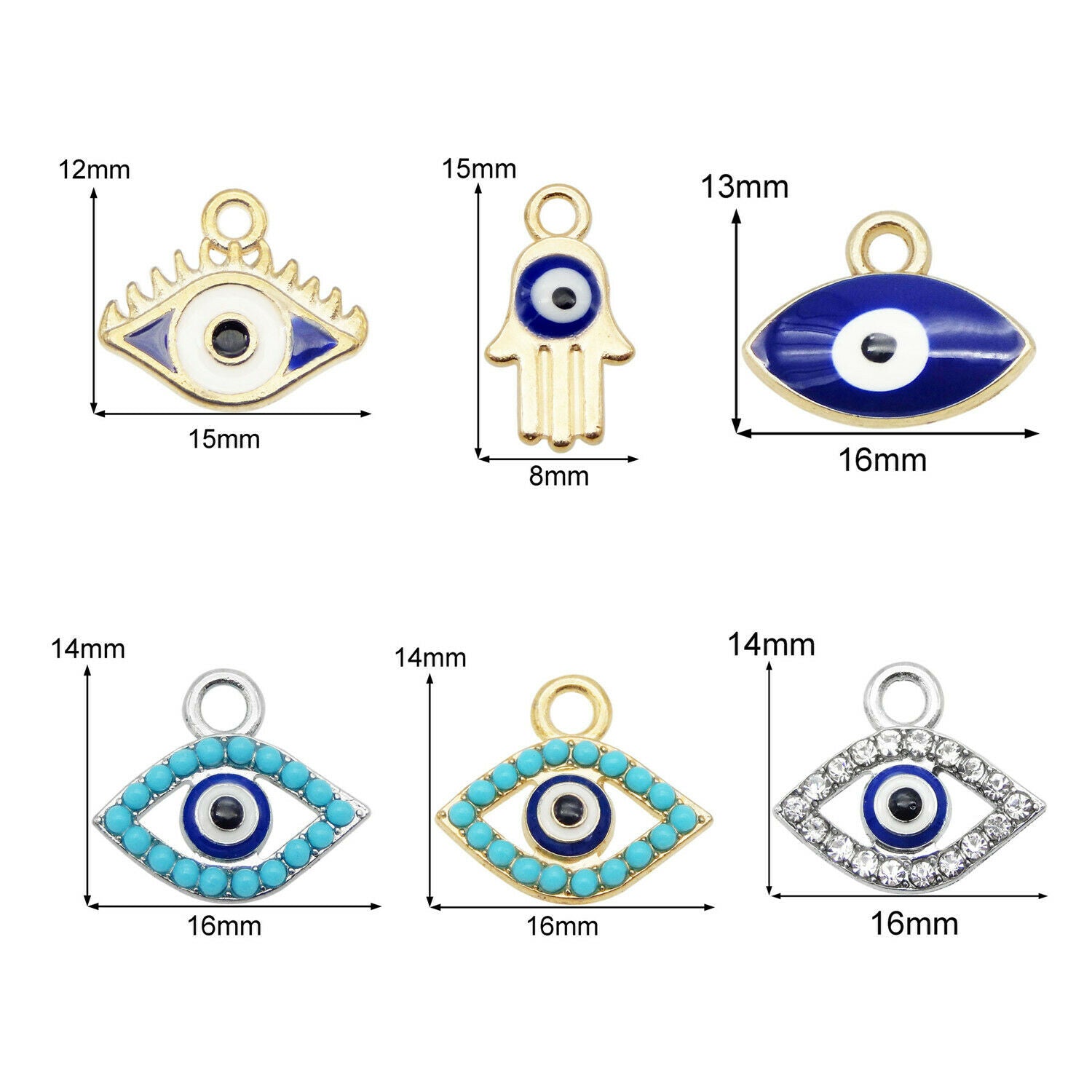 12PCS Assorted Alloy Enamel Evil Eye Charm Pendant Bracelet Craft Jewelry 8-15mm
