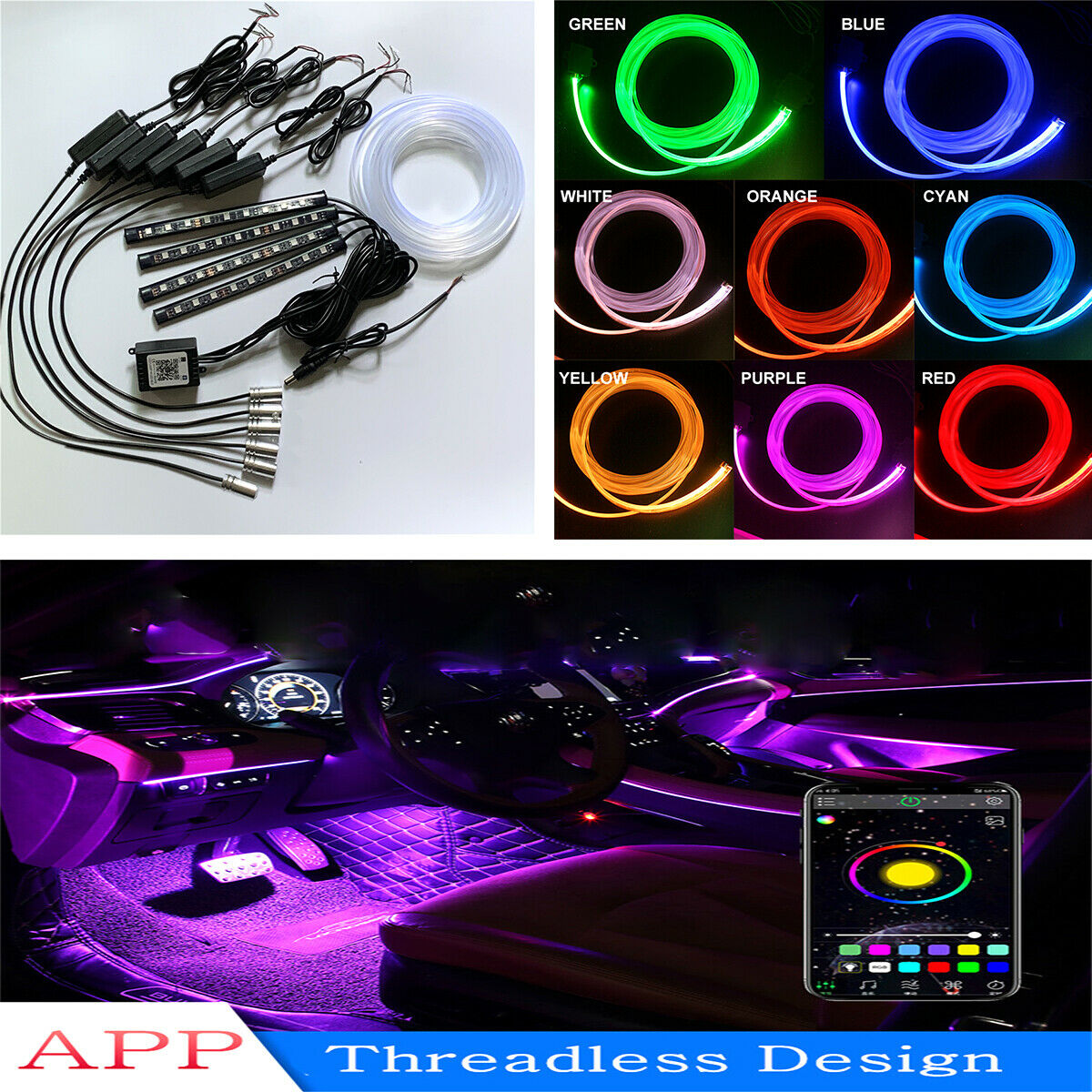10PCS Screwless Car Interior 64Colors LED Ambient Atmosphere Light APP Control