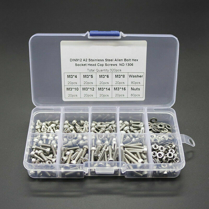 320pcs Stainless Steel Hex Socket Cap Head Bolts Screws Nuts  304 KitDIN912 M3