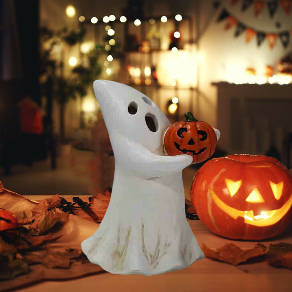 Halloween Ghost Holding Pumpkin Indoor Yard Office Statue Night Light Decor