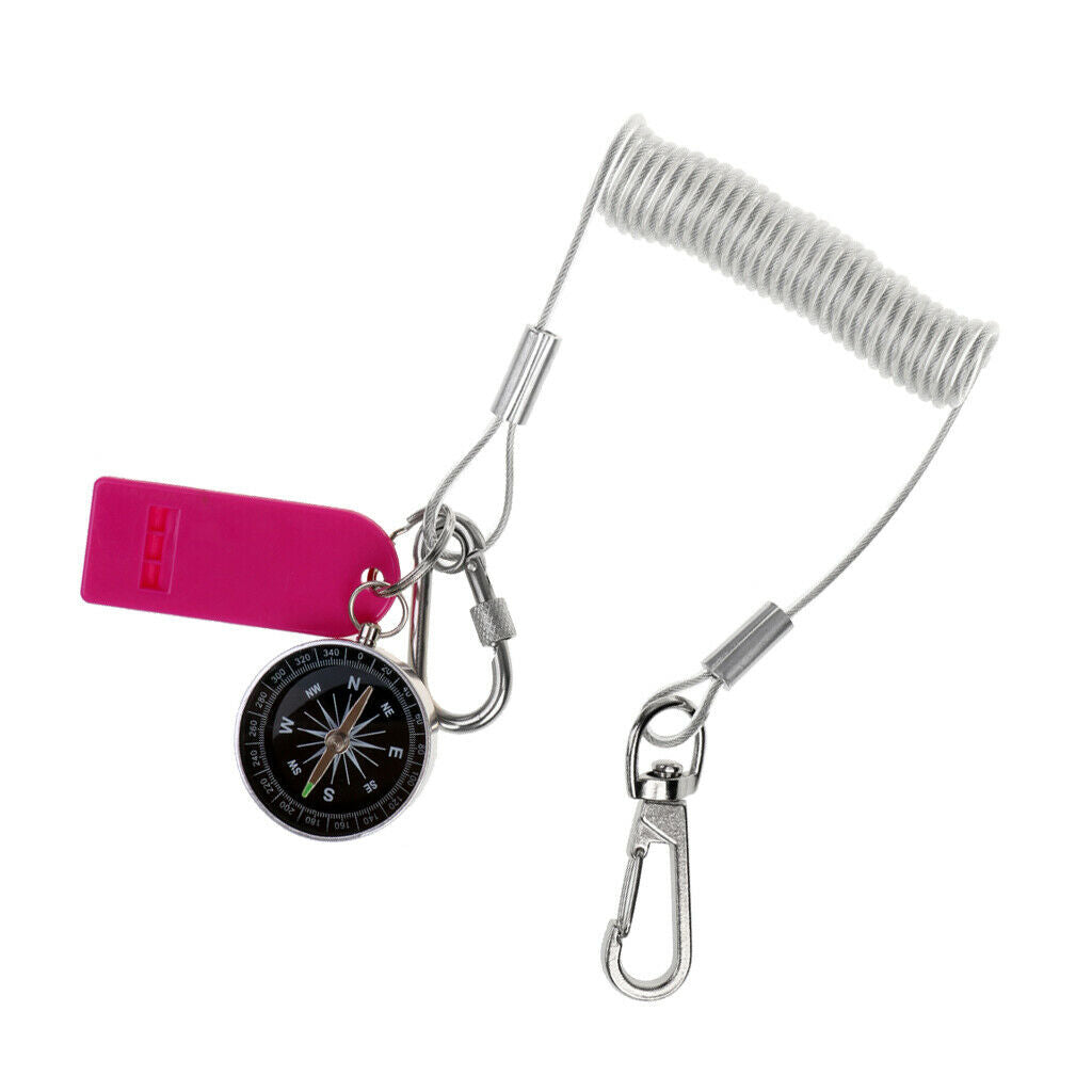 Outdoor Survival Gear Stretchy Coiled Cord Safety Lanyard w/ Compass Whistle