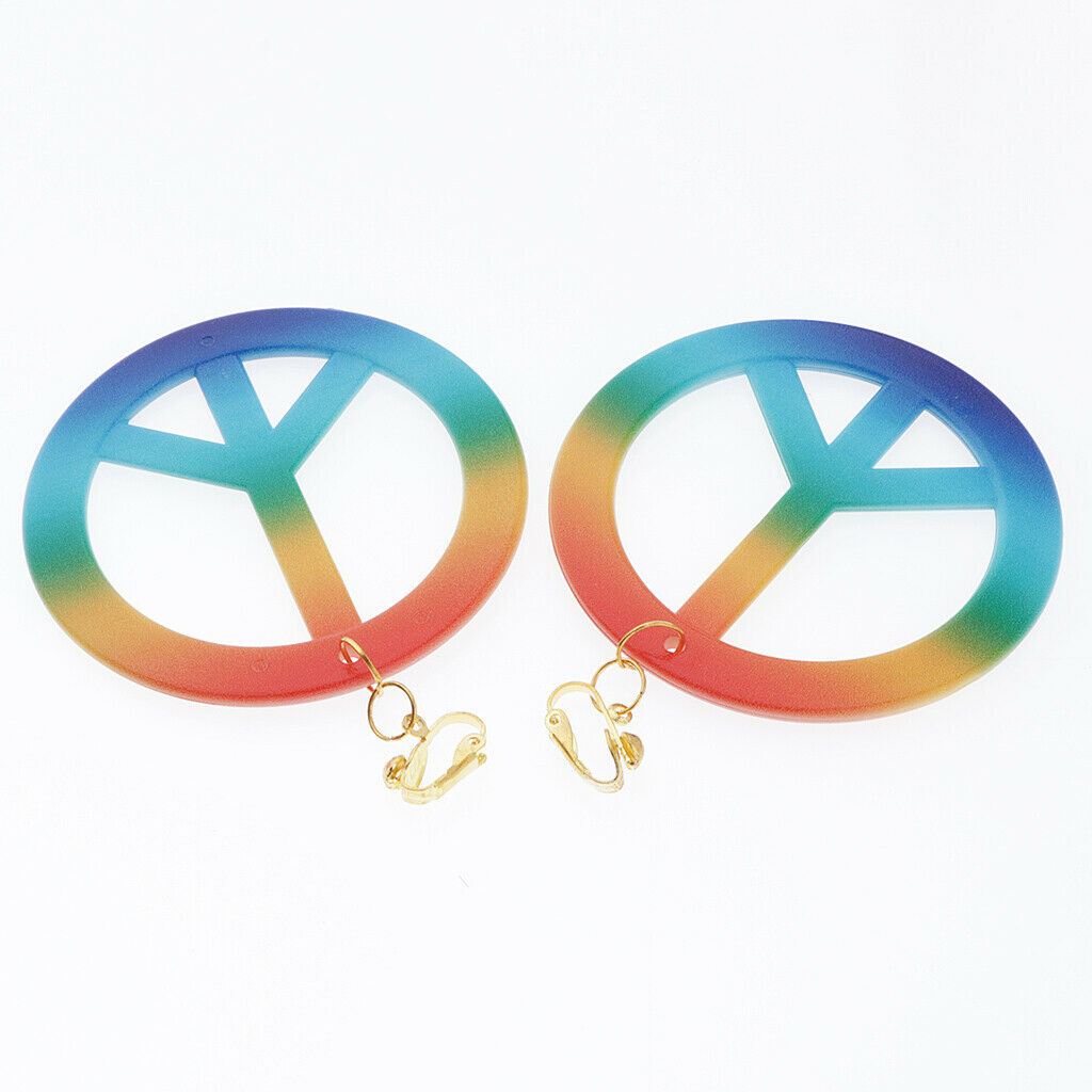 Rainbow Peace Sign Earrings Fashion Large Ear Rings 60s 70s Fancy Dress