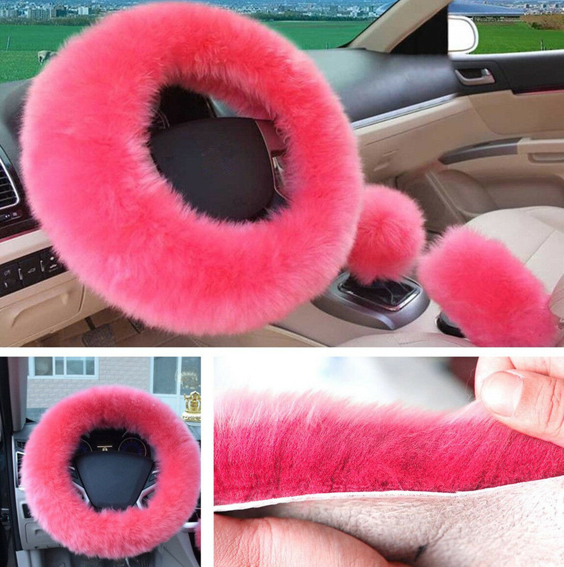 1Set Pink Furry Car Steering Wheel Cover + Shifter Cover + Parking Brake Cover