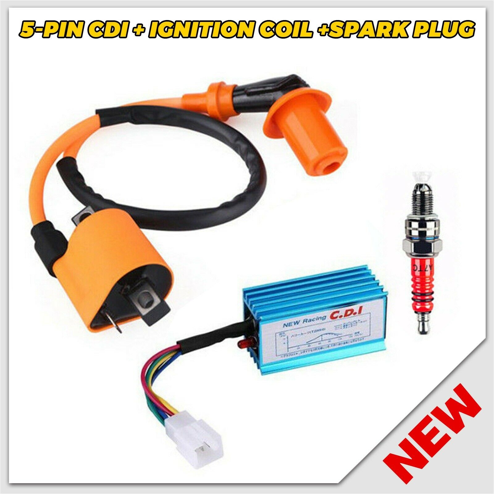 Spark Plug+Ignition Coil+Racing CDI Box 5 Pin for 50-160cc 4-Stroke ATVs Quad