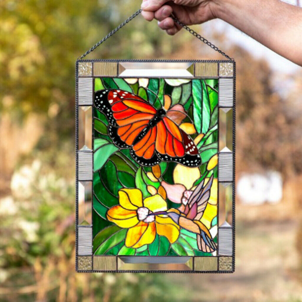 2pcs Stained Glass Rectangle Window Panel Handcrafted Pendant 8x6 Inches