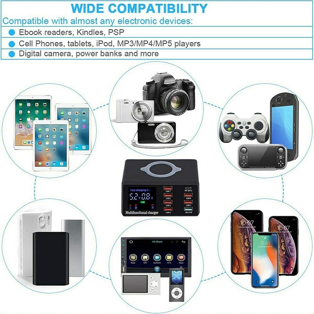 100W PD Fast Charger 8 Ports USB Charger QC 3.0 Adapter HUB Wireless Charger CA