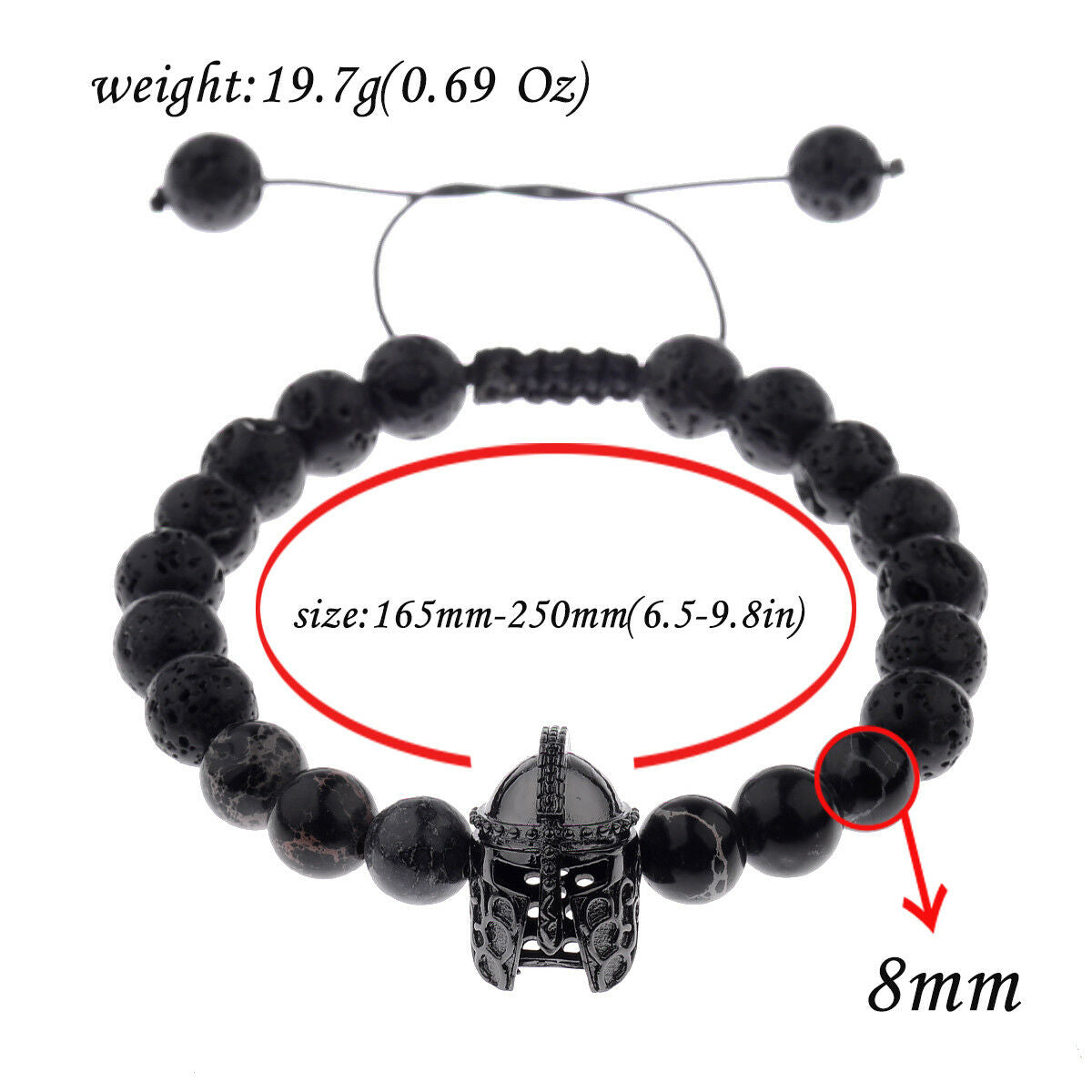 Men Charm Black Spartan Helmet Beaded Natural Stone Adjustable Macrame Bracelets
