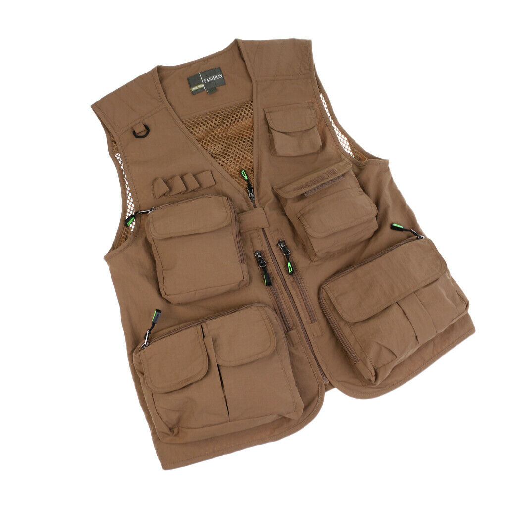 Mens Outdoor Multi-Pocket Fishing Hunting Vest Photography Jacket Khaki 3XL