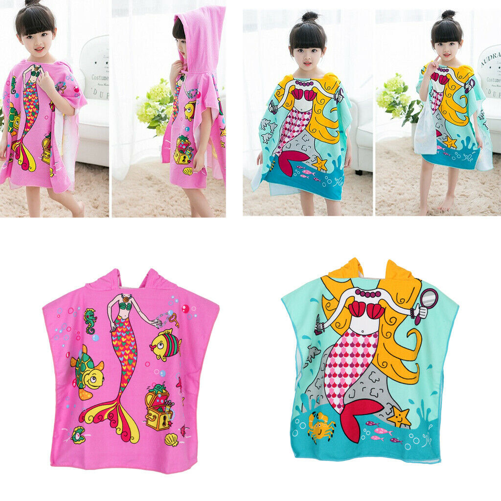 2Pcs Toddler Hooded Bath Robe, Cute Mermaid Soft Beach Towel, Swim Pool Coverup