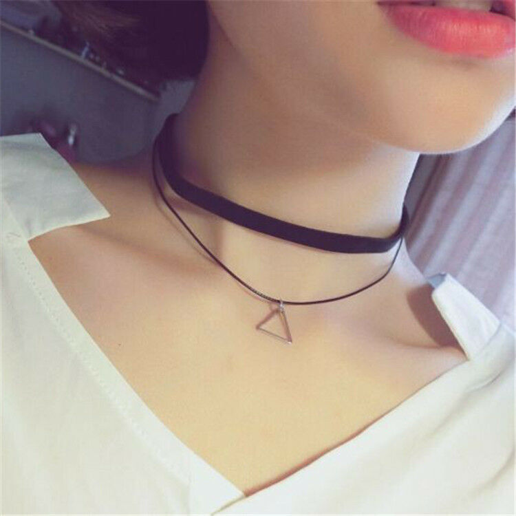 New 90's Black Velvet Choker Triangle Pendant Necklace Gothic Grunge Retro Chain