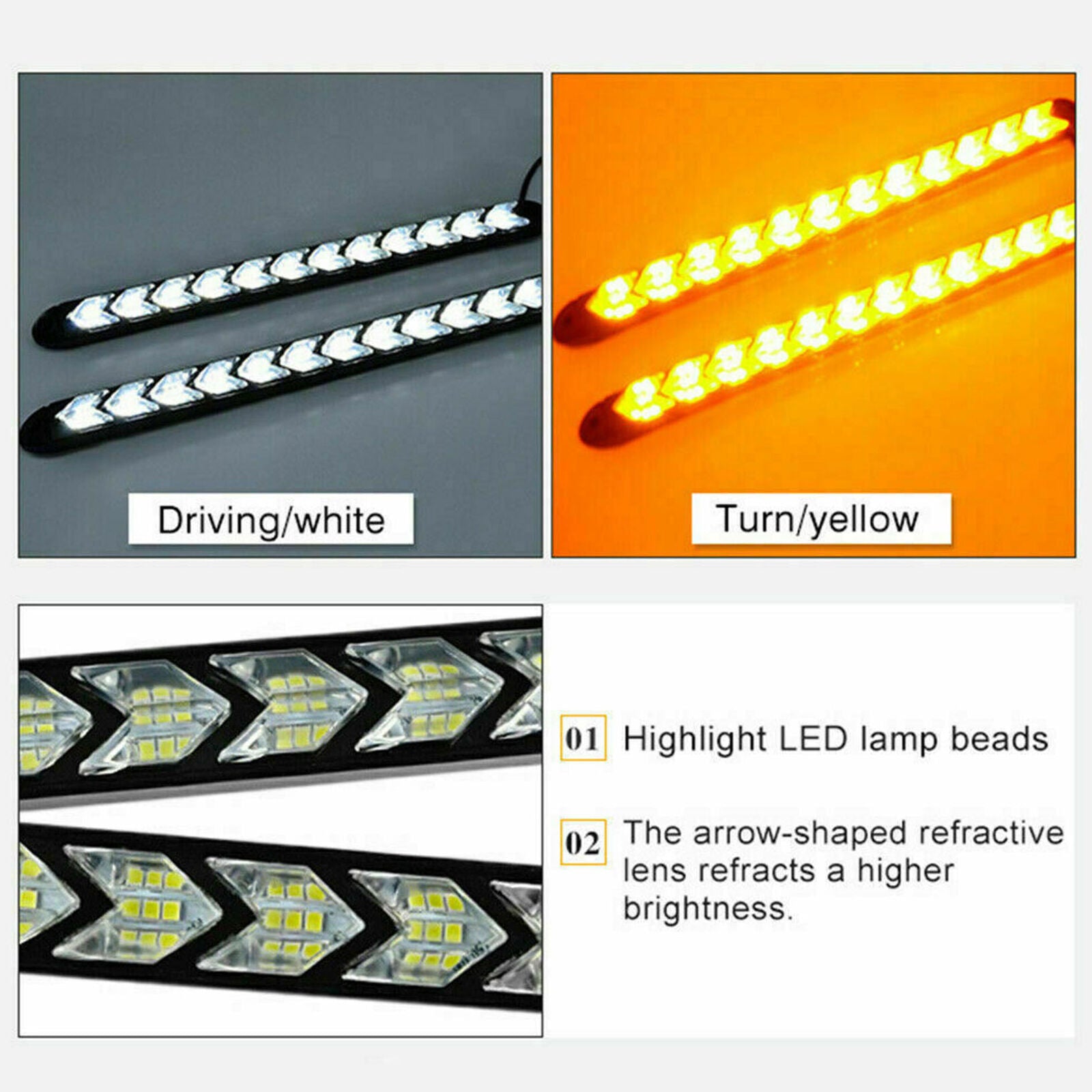 2x Car LED Amber/White Switchback Flowing Strip Arrow Flasher Turn Signal Light