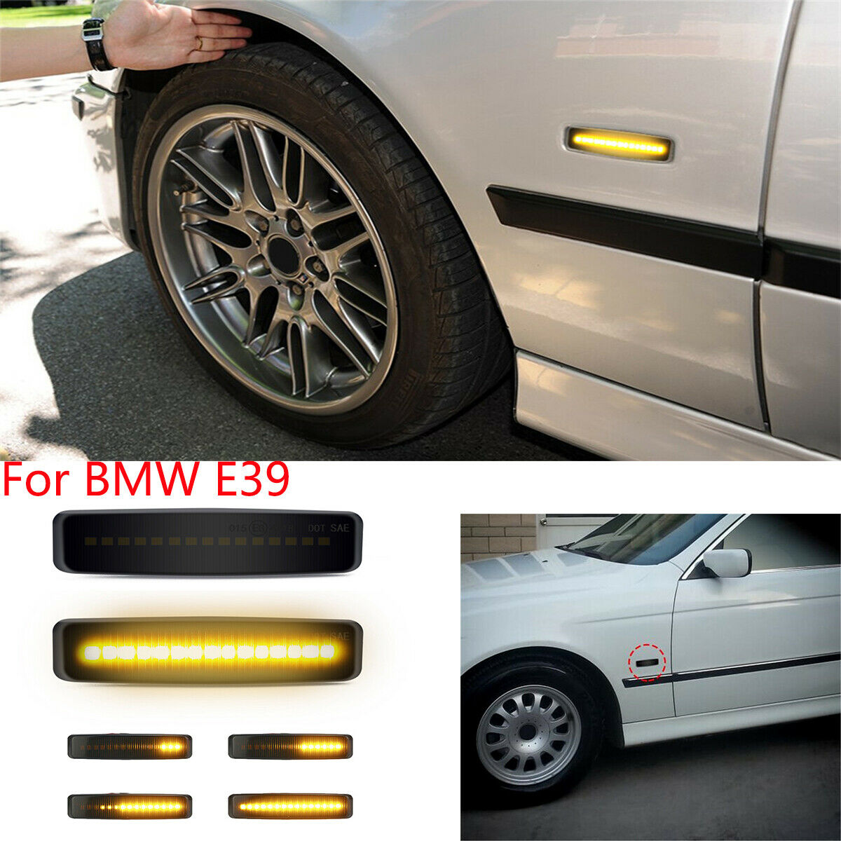 2PCS Car Fender Sides Yellow LED Dynamic Flow Sequence Mark Light For BMW E39