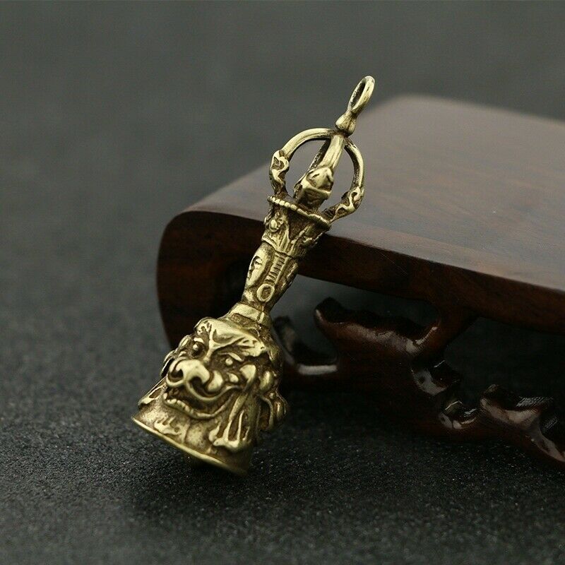 Retro Brass Feng Shui Pendant Keychain Charm Chinese Lucky Lion Bell Chime