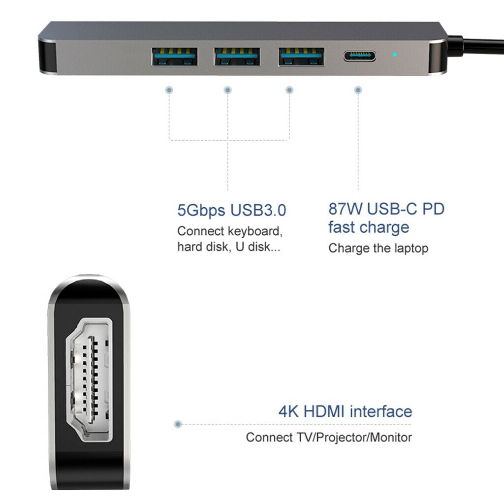 5 IN 1 Type-C USB 3.0 Hub Adapter HDMI 4K Converter 87W PD Charge for Laptop