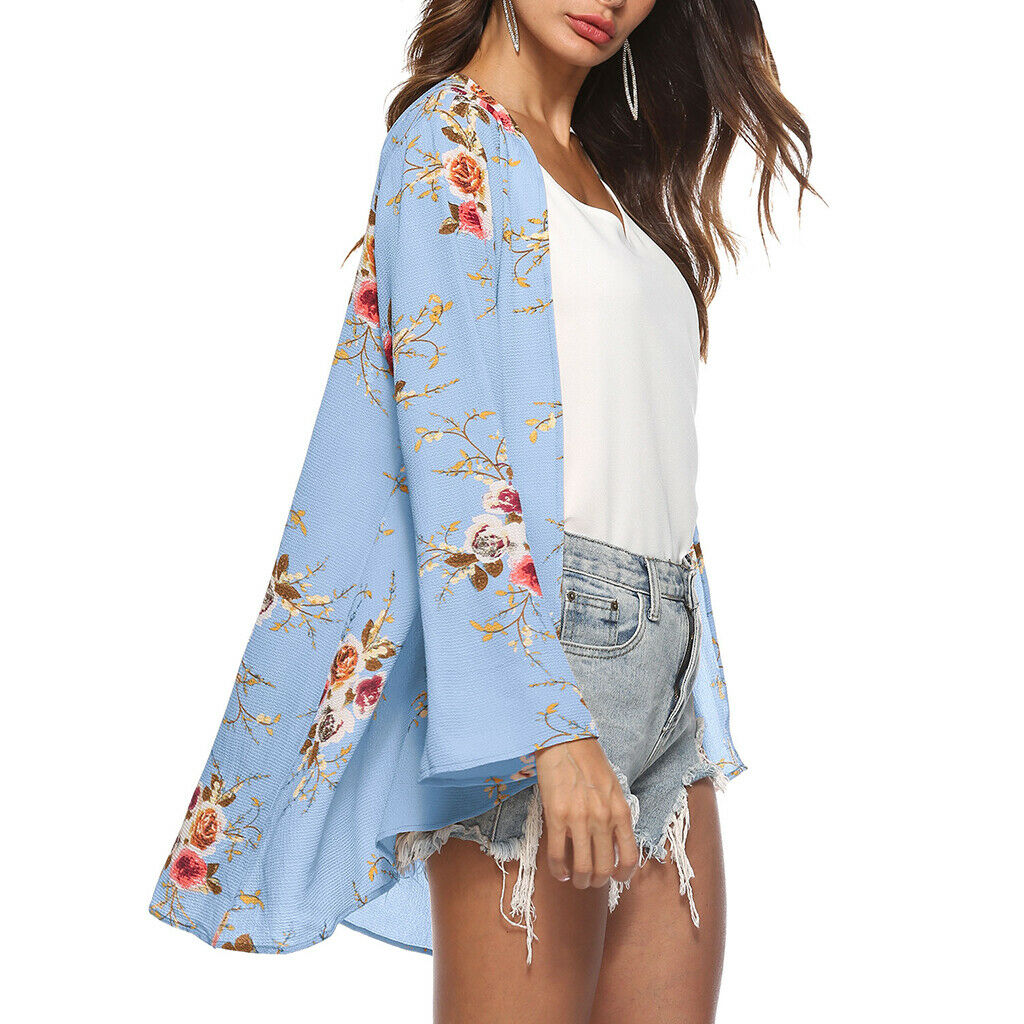Women's Casual Floral Long Sleeve Chiffon Kimono Shawl Blouse Tops Blue M