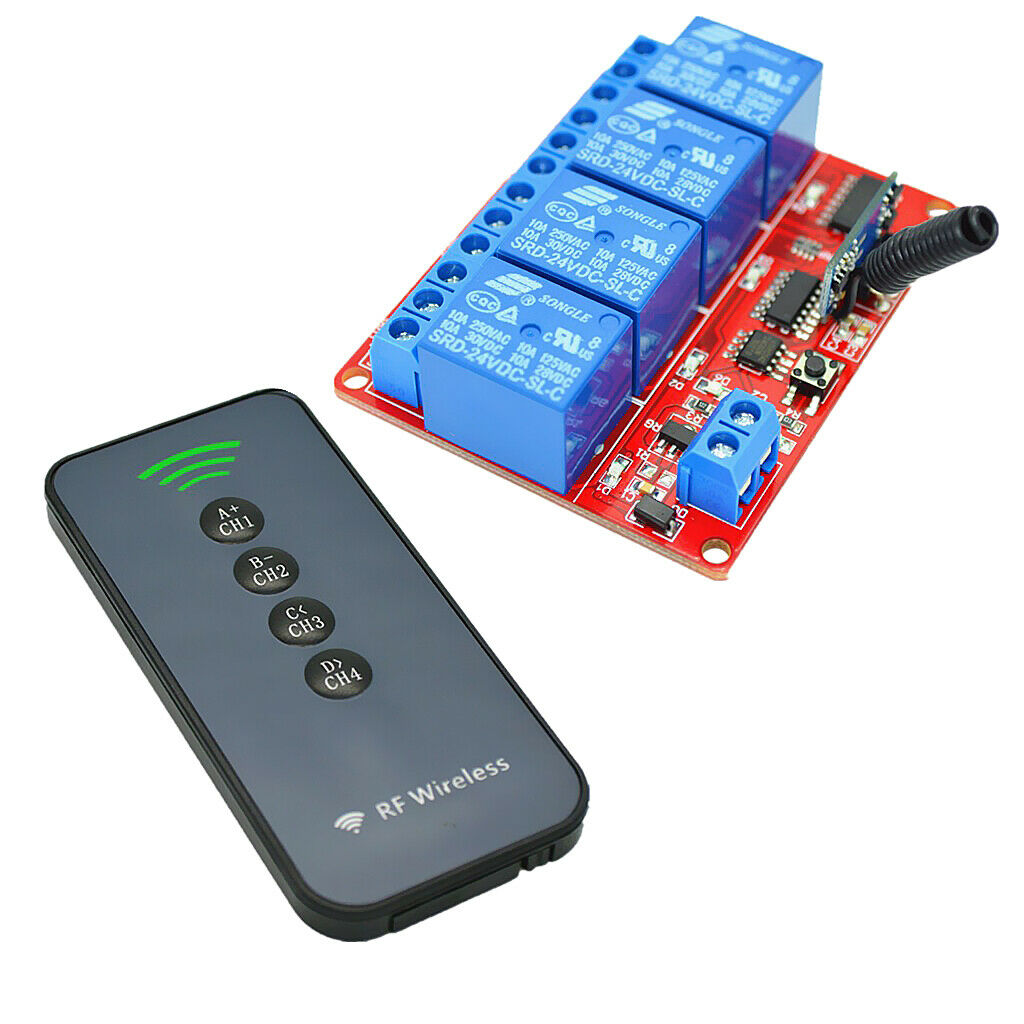 DC24V 4 Channel Relay Wireless RF Remote Control Switch Transmitter w/ Receiver