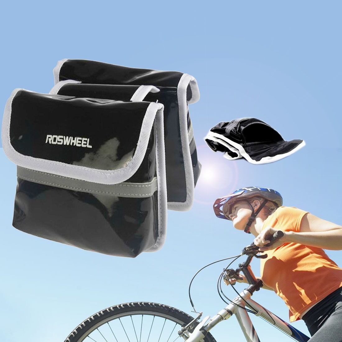 Black ROSWHEEL Bicycle Reflective Frame Double Saddle Bag Pouch Front Tube Bags
