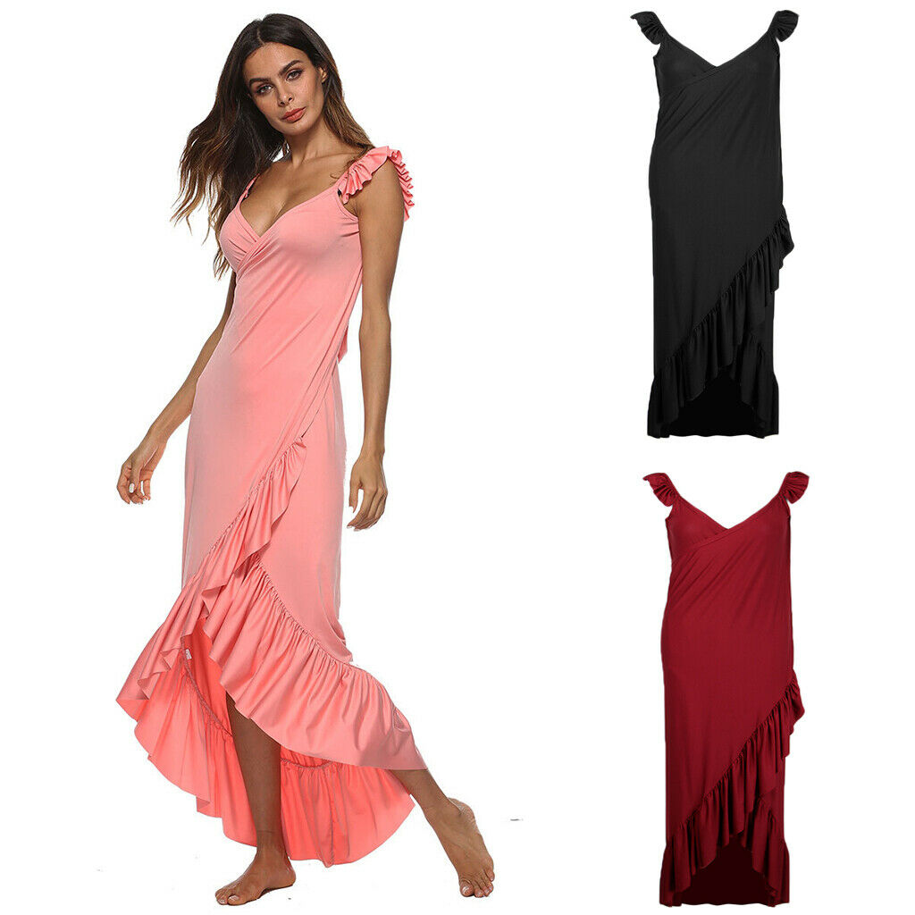 Women's Dress, Deep V Neck Backless Maxi Sundress Beach Party Swing Dress  S Red