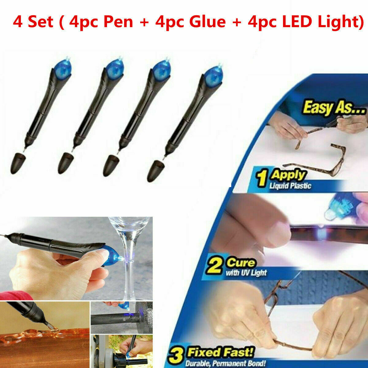 4pcs Quick 5 Second UV Light Fix Liquid Glass Welding Compound Repair Pen Glue L