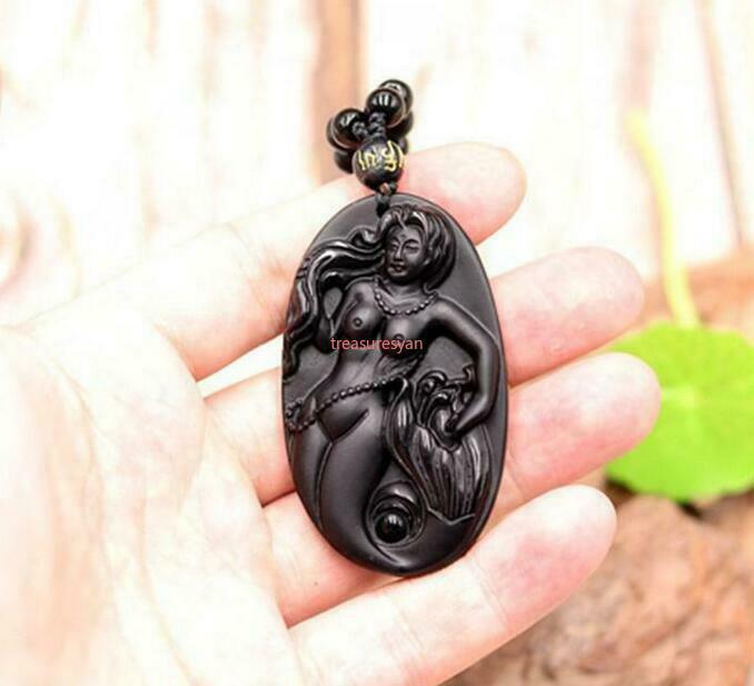 Obsidian Mermaid Pendant Necklace Gifts Natural Jewelry Charm Black Beads Amulet