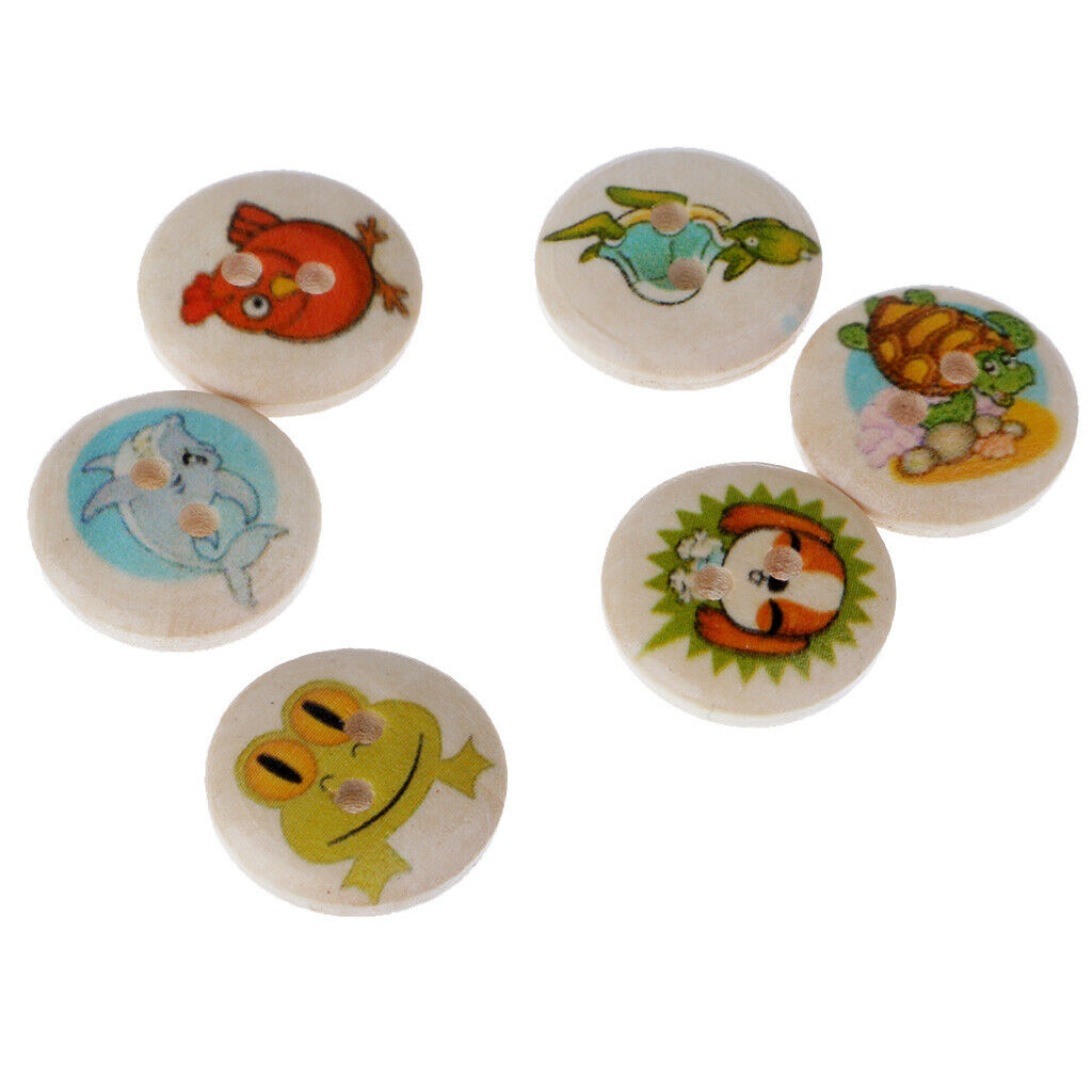 100x Round Animals Printed Wooden Flatback Buttons for Kids Crafts DIY 15mm