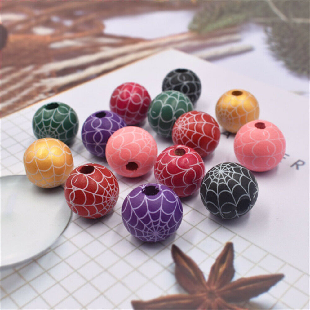 20 Mix Halloween Spider Web Printed Round Beads Wood For Jewelry DIY Crafts 16mm