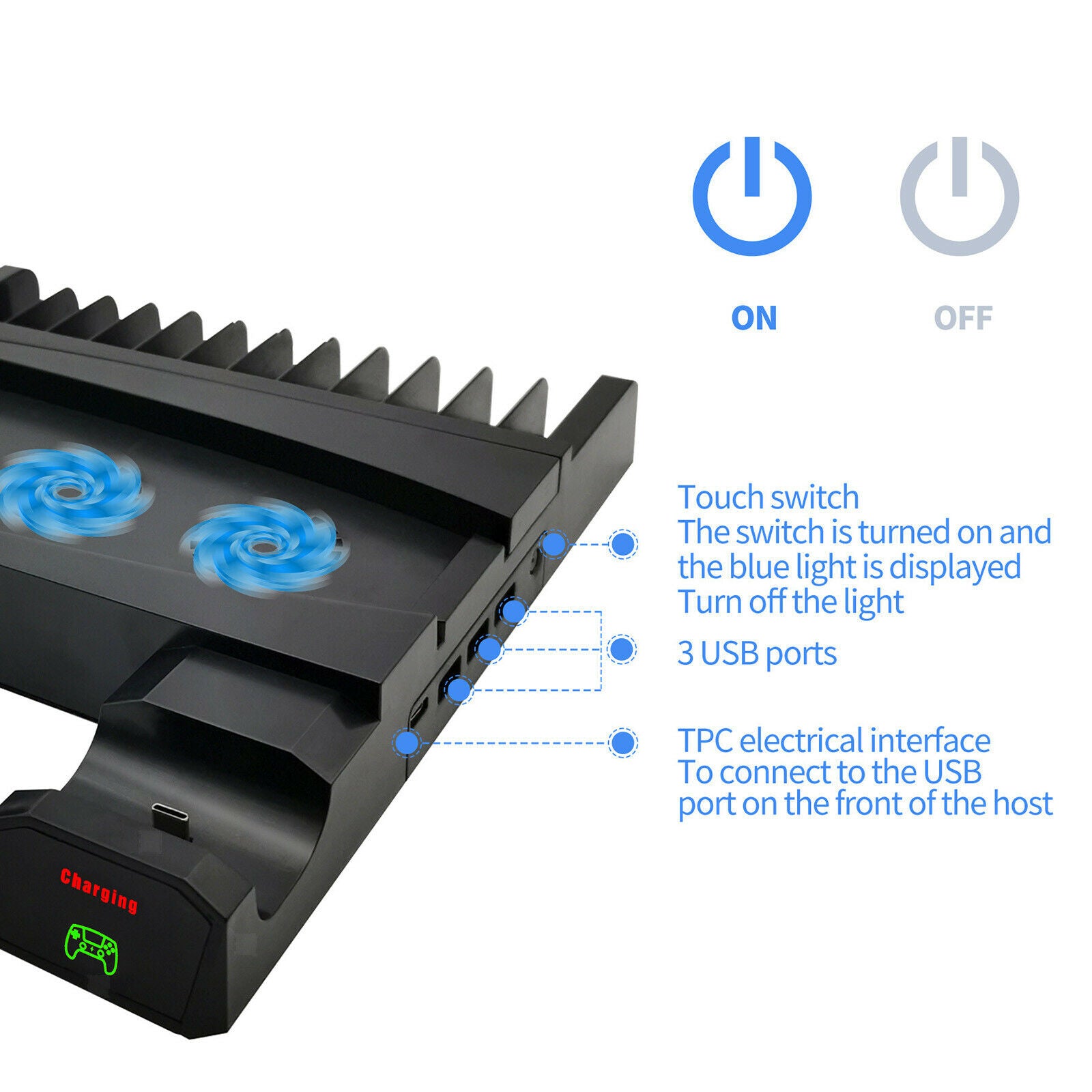 Stand Cooling Fan for PS5 Dock with Dual Controller EXT Port Game Organizer