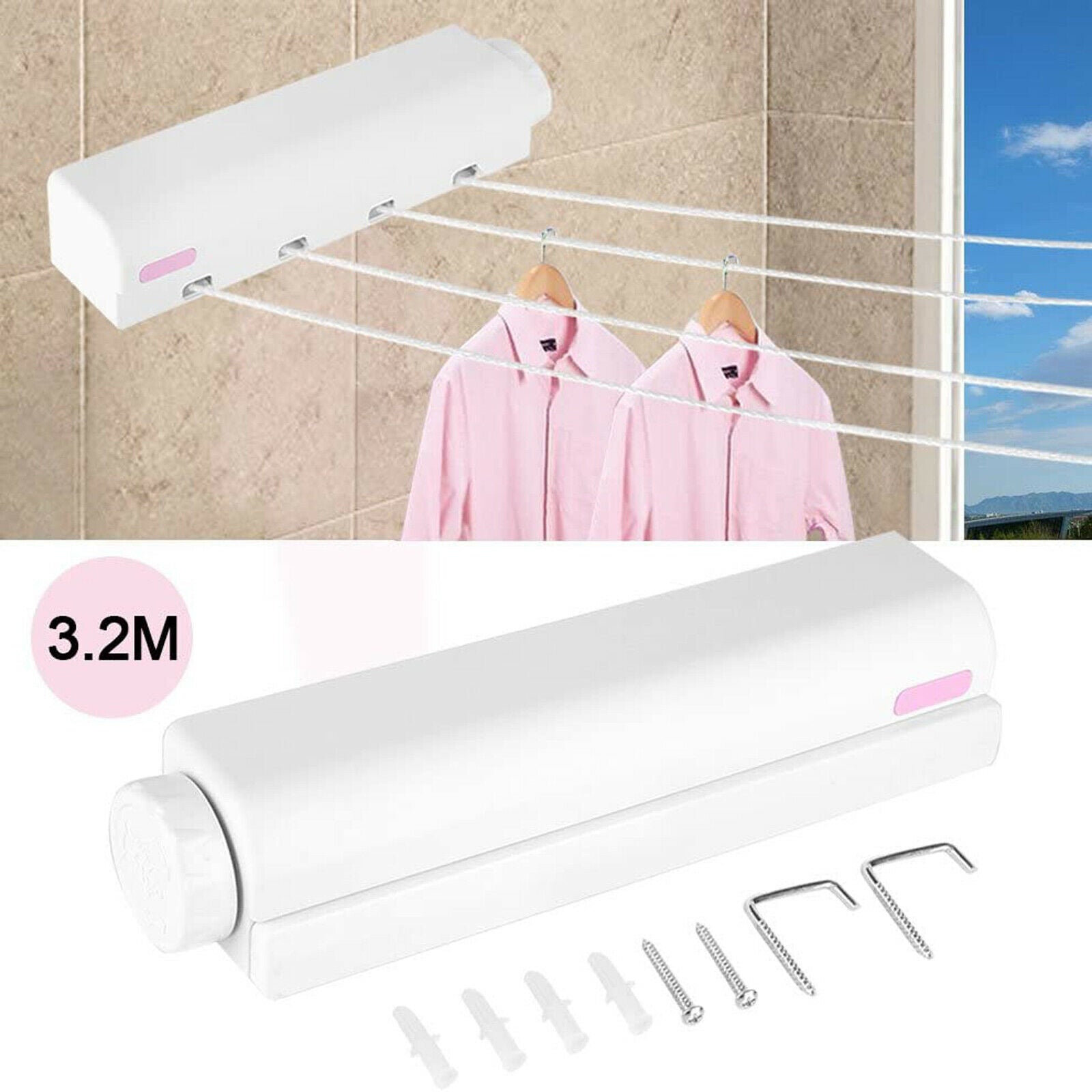 3.2m 4 Line Retractable Rope Wire Clothesline Clothes Hanger Washing Airer Dryer