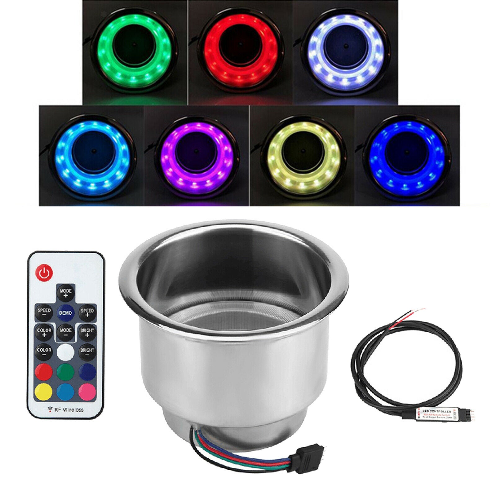 RGB Stainless Steel Cup Bottle Holder Seat 3W LED Lamp Marine Truck RV