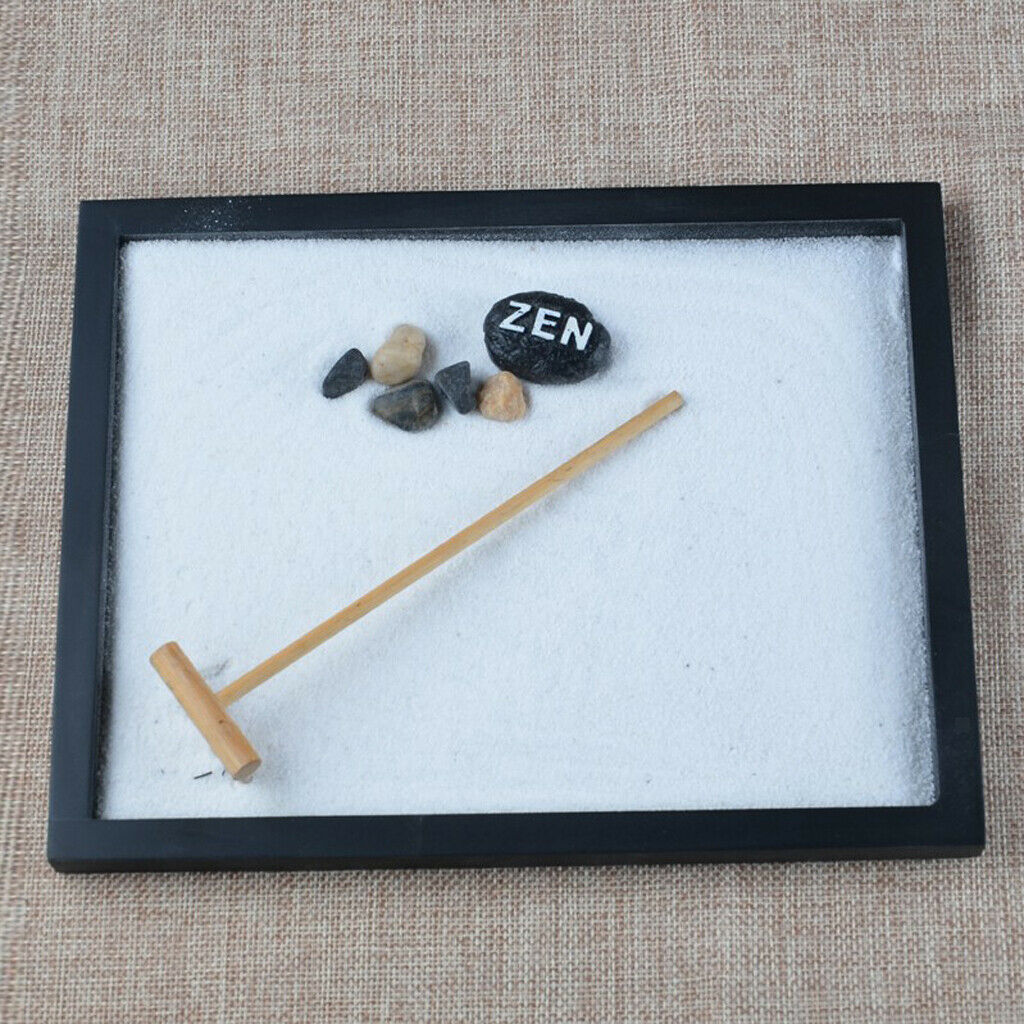 2pcs Zen Garden Sand Tray Mini Tower Stone Pebbles Rake Home Room Ornament