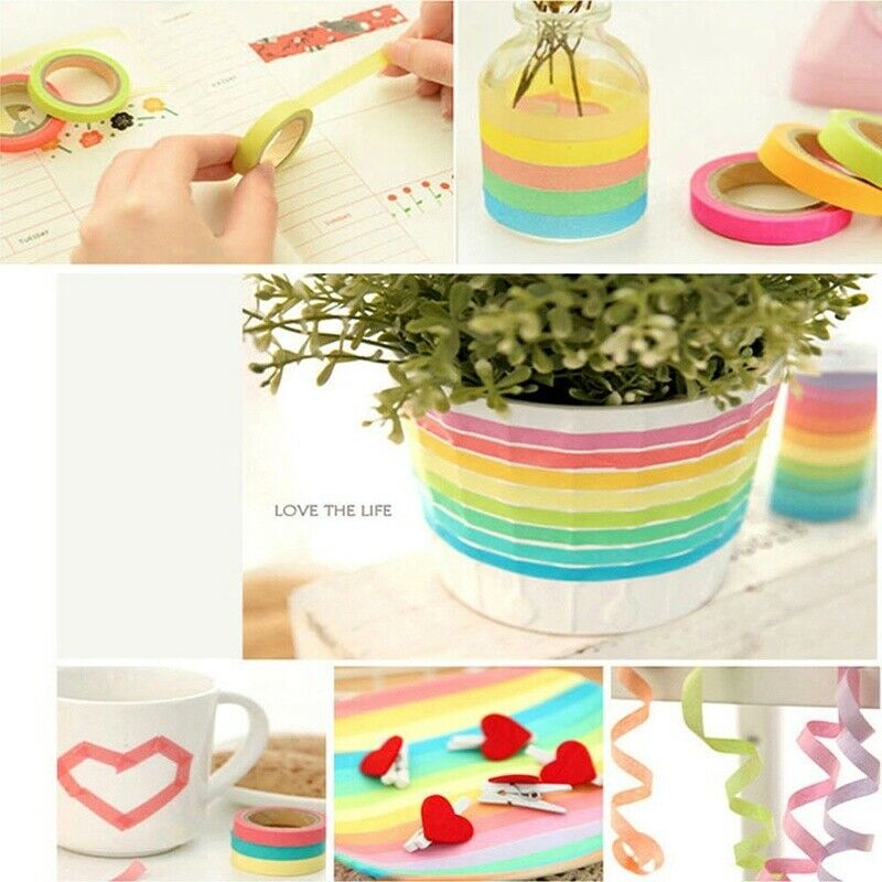 10X Writable Rolls Paper Washi Masking Tape Rainbow Colours Sticky Adhesive Gift