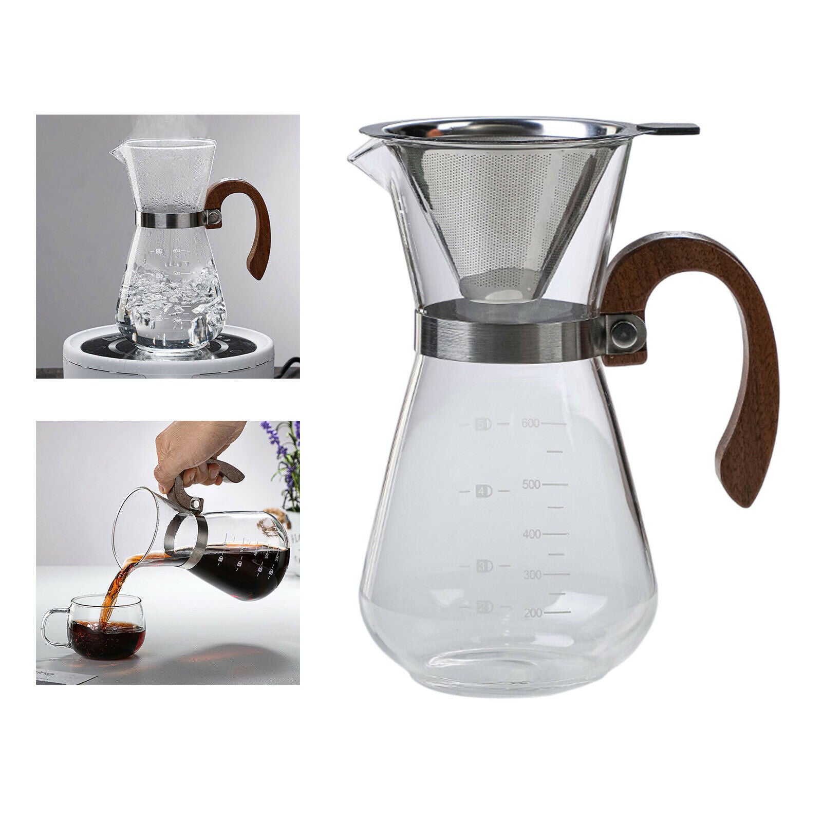 1pc Pour Over Coffee Maker Carafe Reusable w/ Filter Coffee Pot Teapot