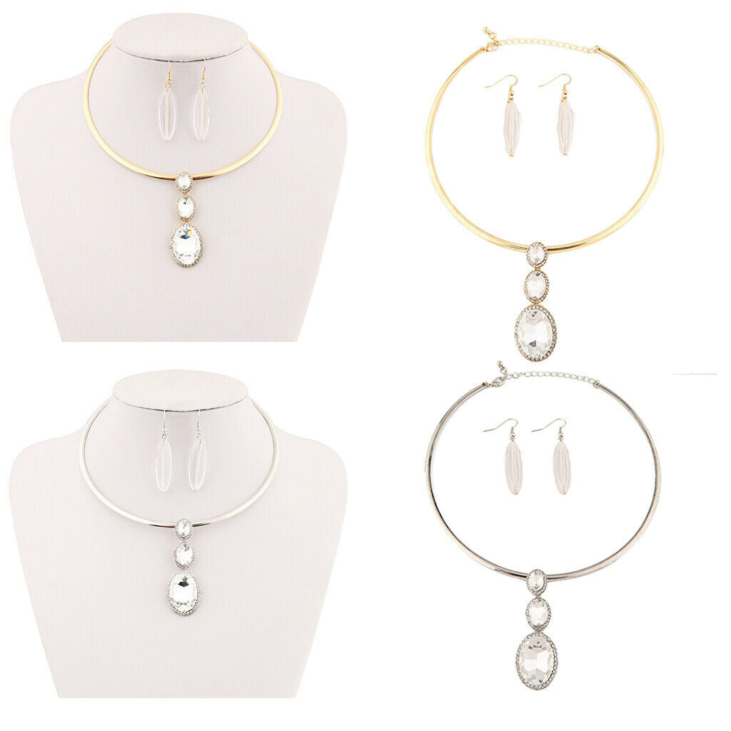 Crystal Collar Earrings Pendants Set Necklace Earrings Choker Jewelry Golden