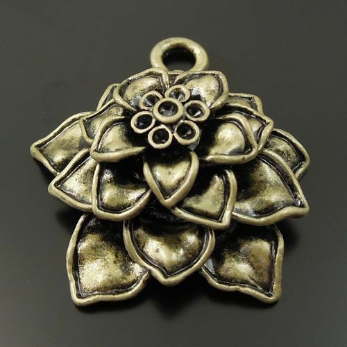 3-pack Antiqued Bronze Alloy Flower Pendant Charm Fit Rhinestones 34x34x13mm