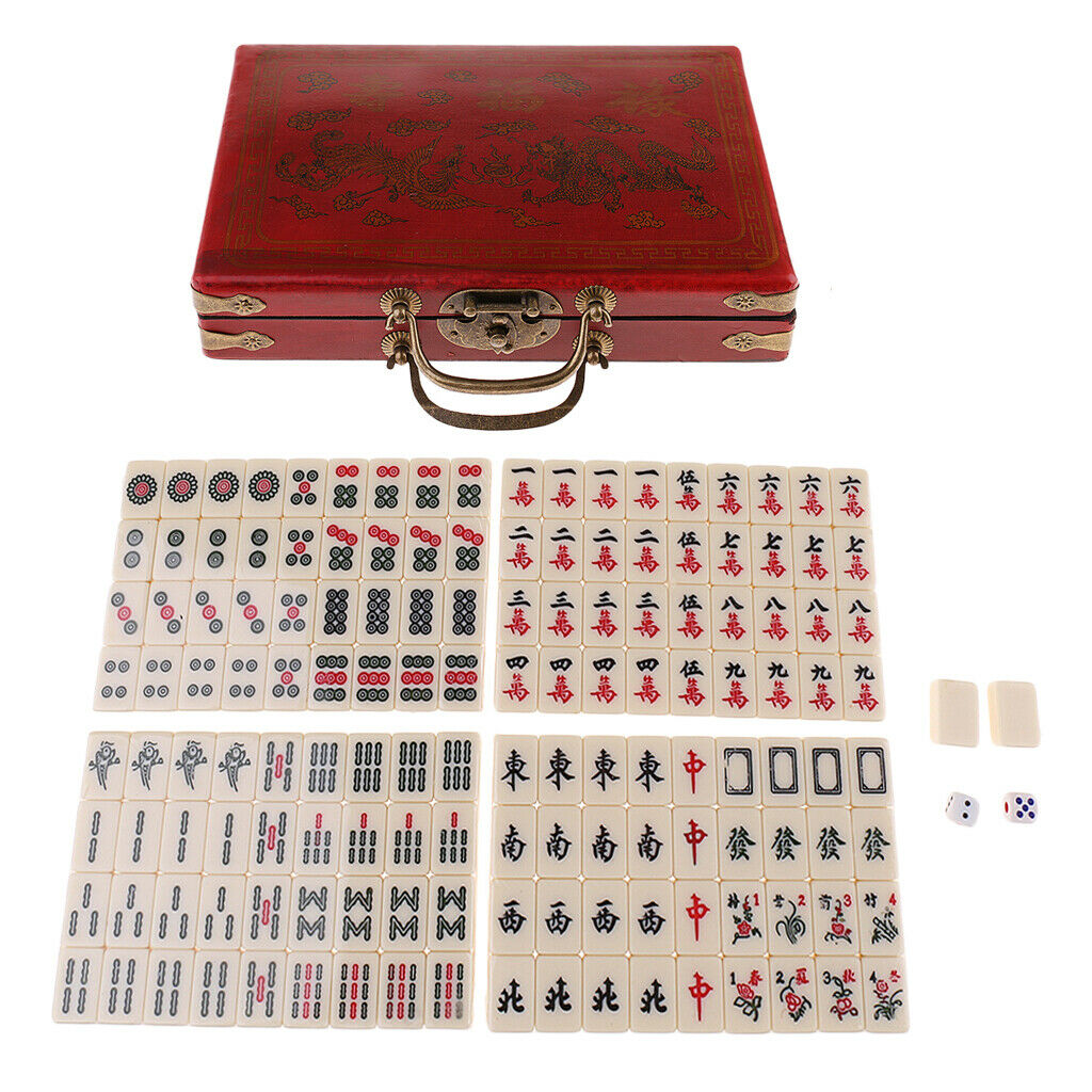 Chinese Mahjong Collectible Majiang Set with Retro Style Case, 3x2.2x1.5cm Tile