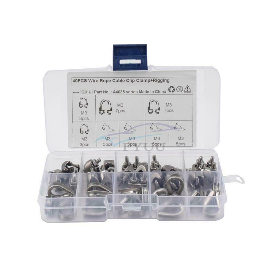 40PCS Universal 304 Stainless Steel Polished Wire Rope Cable Clamp Tool Kit