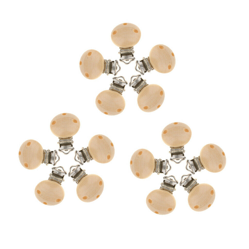 15pcs Baby Infant Wooden Pacifier Clips Beech Clips Chewable Round Natural