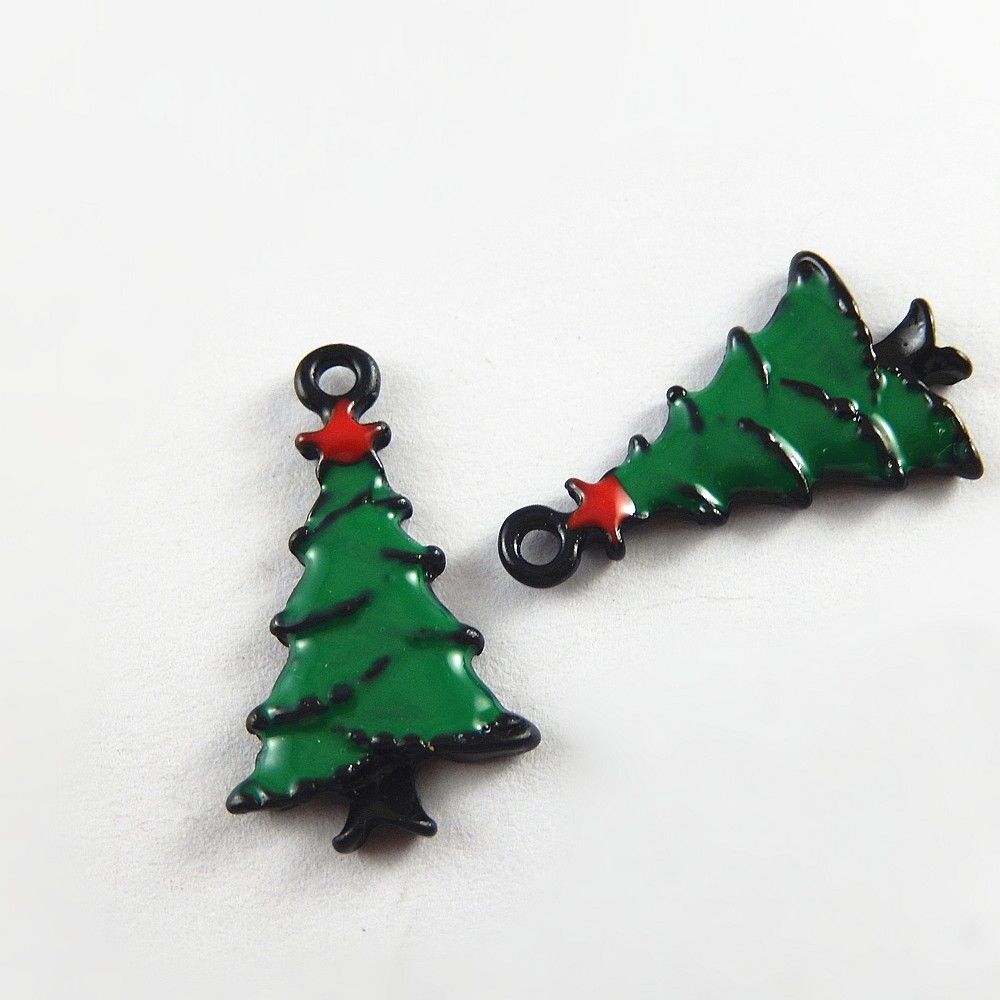 15PCS Green Christmas Tree Enamel Charm Xmas Alloy Pendant Jewelry Craft 26x15mm